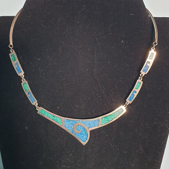 Vintage Mexican Southwestern Malachite & Turquoise Inlay Sterling Necklace - Picture 1 of 11